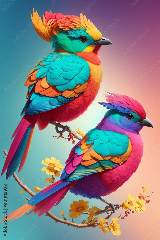 Sublimation of two cute 3d flower birds, generative ai