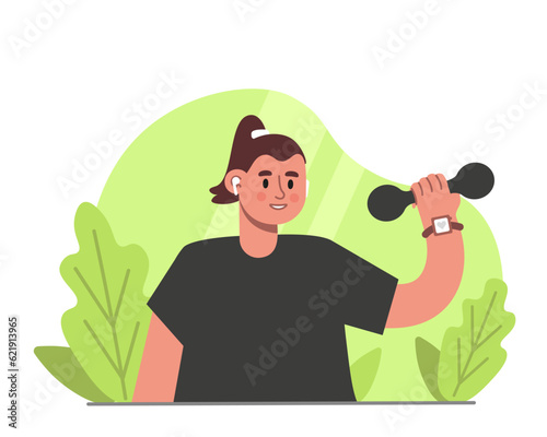Lady in headphones holding dumbbell. Cartoon character doing sports exercises. Regular physical activity. Active and healthy lifestyle concept. Flat vector illustration in green colors