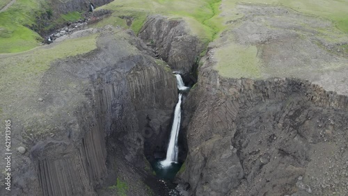 Aerial view of Hengifoss waterfall, the third highest waterfall in Fljotsdalshreppur, Iceland. photo