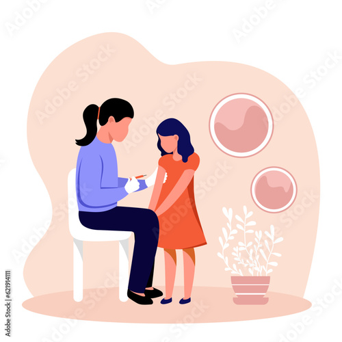 Professional doctor vaccinates a little girl. Human clinical trials vaccination shot. Giving vaccination for kids. Vector flat illustration in red and blue colors