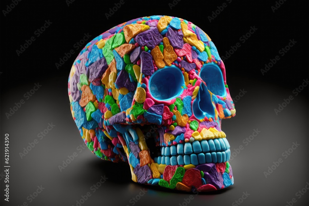 Multi-colored human skull made of colorful pieces. Isolated background.