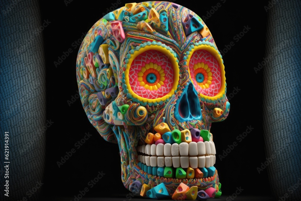 Colorful human skull made of candy on isolated background
