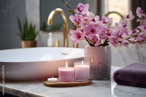 interior design  Beautiful flowers and candle on countertop in bathroom. created generative ai.