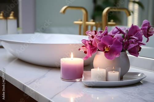 interior design, Beautiful flowers and candle on countertop in bathroom. created generative ai.