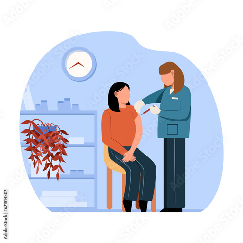 Adult lady sitting in hospital and getting vaccinated in hospital. Getting protection from diseases. Boosting immune system health. Flat vector illustration in blue colors