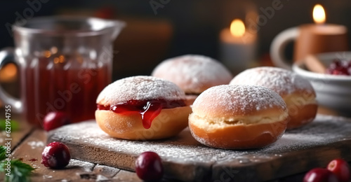 Fresh donuts with red jelly jam and fresh cherries, generative AI.