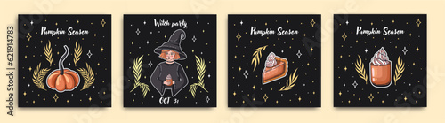 Halloween postcards and invitations. Greeting cards with Magic items. Witchcraft and Magic. Vector.