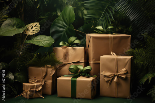 Simple kraft eco-friendly cardboard boxes surrounded by green leaves, plants and jungle. Creative concept of eco-friendly packaging, nature protection, paper recycling. Generative AI. © dinastya