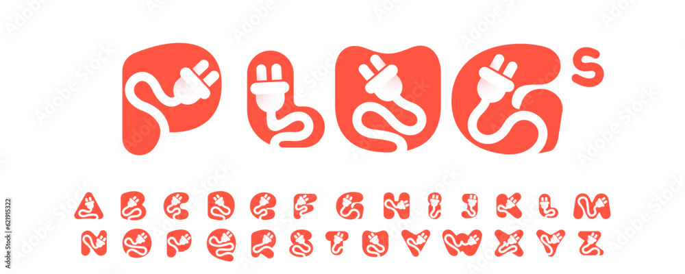 Alphabet with electrical plug logos. Negative space technology icon. Power energy brand concept. Vector typeface for electric vehicle identity, eco-friendly hybrid cars, charging point and accessories Alphabet with electrical plug logos. Negative space technology icon. Power energy brand concept. Vector typeface for electric vehicle identity, eco-friendly hybrid cars, charging point and accessories
