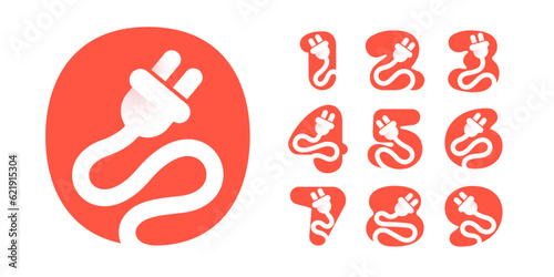 0 to 9 logos. Numbers set with electrical plug logo. Negative space technology icon. Power energy concept. Vector for electric vehicle identity, eco-friendly hybrid cars, charging point, accessories.