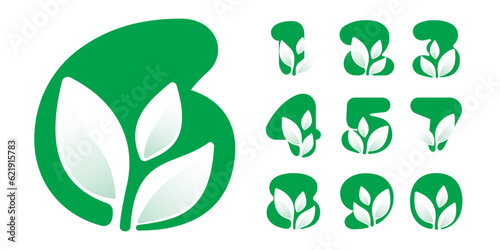 0 to 9 eco logo. Numbers set with green leaves. Negative space agriculture icon. Lush foliage emblem. Vector template for seeds growing company, summer posters, waste recycling identity, nature labels