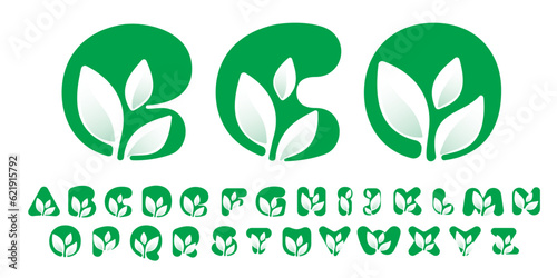 Eco alphabet with green leaves. Negative space agriculture icons. Lush foliage emblems. Vector template for seeds growing company, summer posters, waste recycling identity, nature friendly labels.