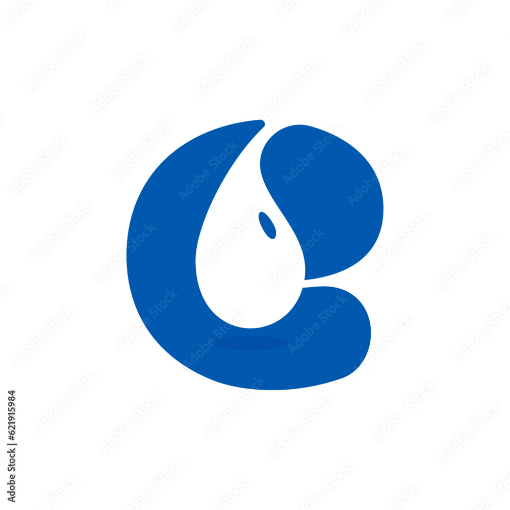 E letter eco logo with blue water dew drops. Negative space icon. Spring water emblem. Vector template for pure drink company, swimming posters, waste recycling identity, fight against drought adv.