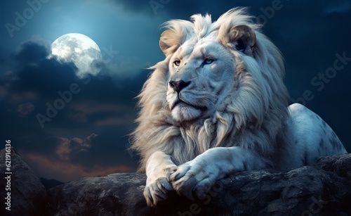 Majestic Male White Lion of Africa in the Dark with a moon. Generative AI.