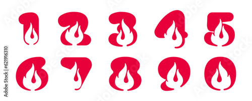 0 to 9 numbers with fire flames. Negative space vintage icons. Burning fast speed emblems. Vector for sport team wear, danger posters, victory identity, camping labels, motorcycle customize company.