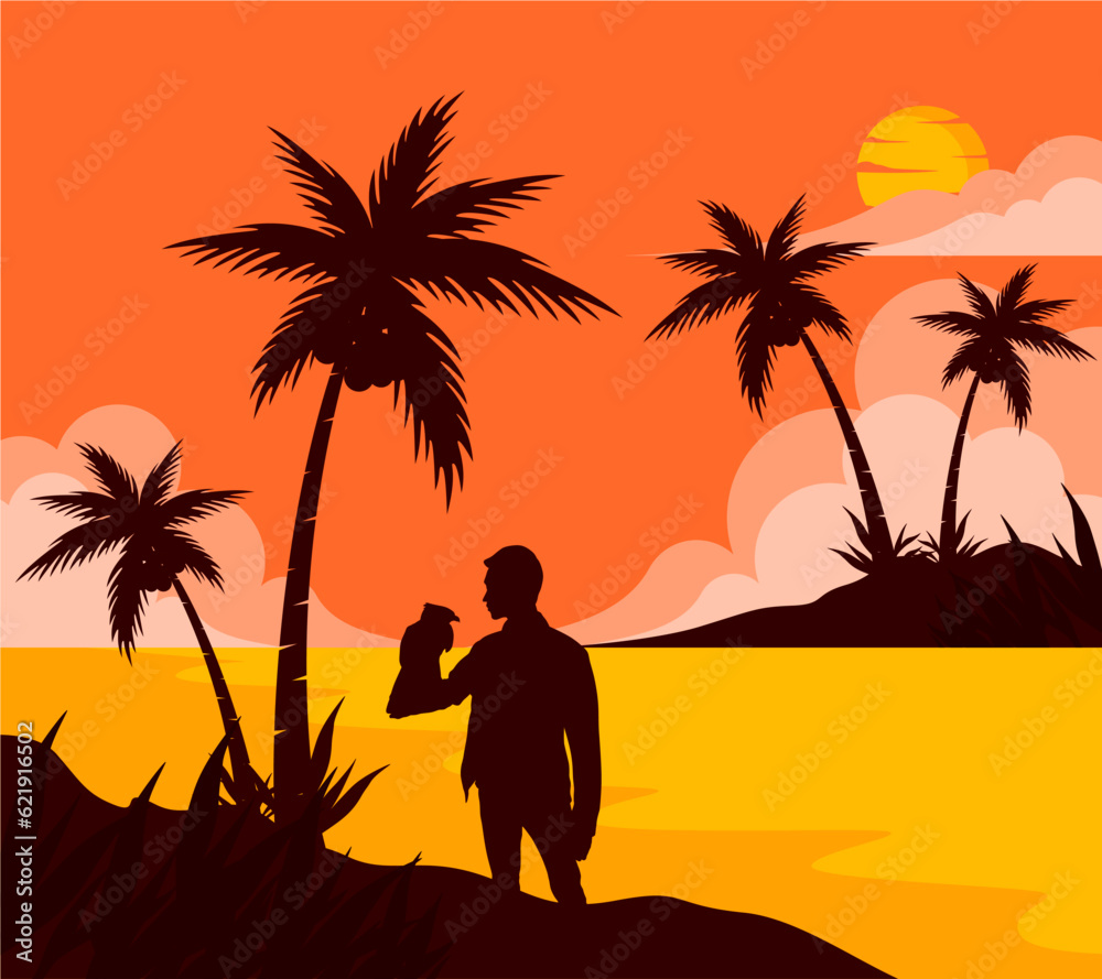 silhouette of a man with eagle vector on the beach 