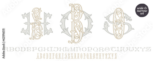 Wedding monograms creator kit. Elegant historical style alphabet for party invitations. The set includes Wide and Narrow capitals, so you can make your own monogram, by combining letters you want. 
