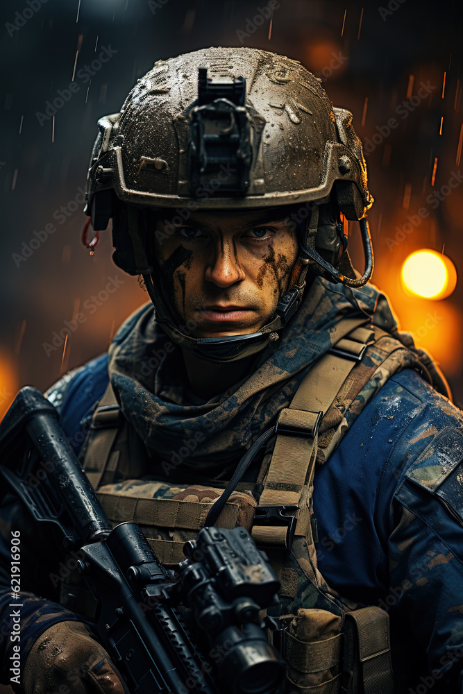 portrait of armed soldier in a helmet on the battlefield. Generative Ai portrait of armed soldier in a helmet on the battlefield. Generative Ai