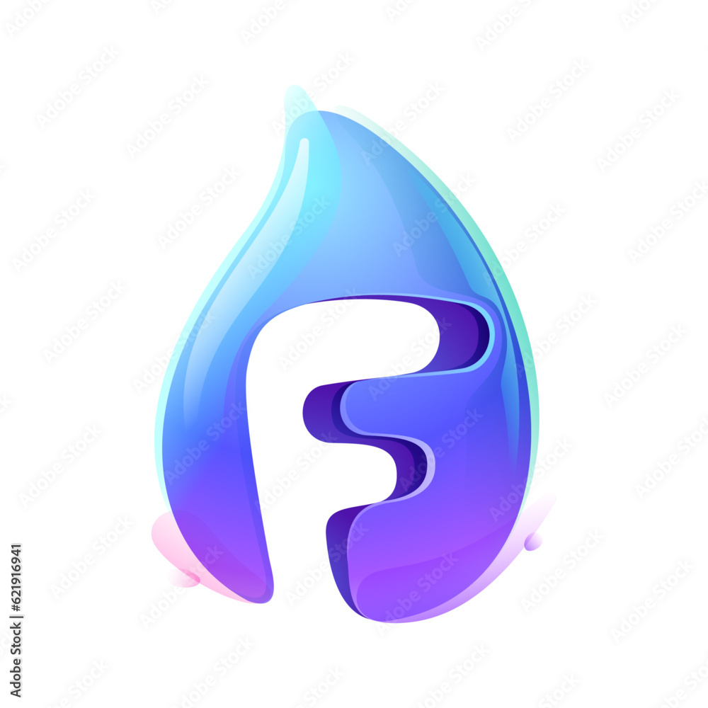 Pure water drop F letter logo. Eco-friendly 3D realistic icon. Wild wave initial in overlapping watercolor style. Dew droplet for healthy drink bottle emblem. Font for filter labels, nature posters. Pure water drop F letter logo. Eco-friendly 3D realistic icon. Wild wave initial in overlapping watercolor style. Dew droplet for healthy drink bottle emblem. Font for filter labels, nature posters.
