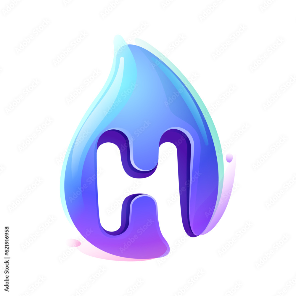 Pure water drop H letter logo. Eco-friendly 3D realistic icon. Wild wave initial in overlapping watercolor style. Dew droplet for healthy drink bottle emblem. Font for filter labels, nature posters. Pure water drop H letter logo. Eco-friendly 3D realistic icon. Wild wave initial in overlapping watercolor style. Dew droplet for healthy drink bottle emblem. Font for filter labels, nature posters.