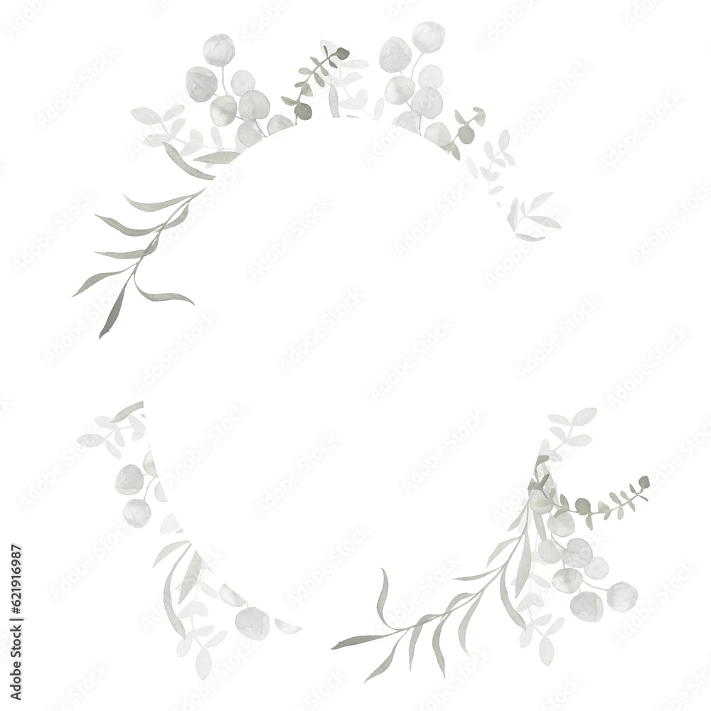 Trendy Grey and dusty green watercolor eucalyptus oval frame banner. Spring and winter botanical border illustration for wedding, greeting card, wreath, website. Botanical foliage on white background