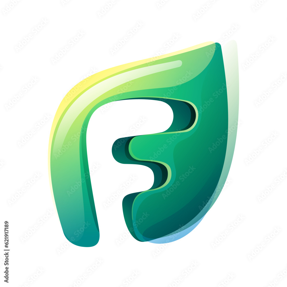 F letter eco logo. Green leaf carving. 3D realistic icon. Environment friendly forest initial in watercolor style. Font for botanical labels, floral headlines, recycle posters, organic cards. F letter eco logo. Green leaf carving. 3D realistic icon. Environment friendly forest initial in watercolor style. Font for botanical labels, floral headlines, recycle posters, organic cards.