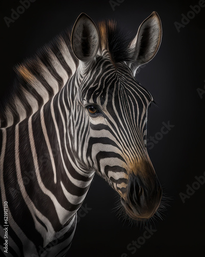 Generated photorealistic close-up portrait of a wild zebra 