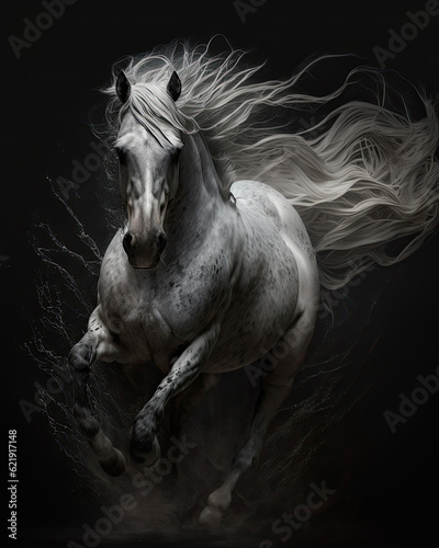 Generated photorealistic portrait of a running white horse with a developing mane © Evgeniya Fedorova