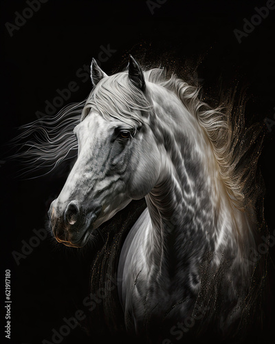 Generated photorealistic portrait of a white horse with a developing mane