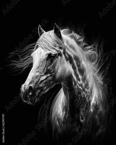 Generated photorealistic portrait of a white horse with a developing mane in black and white format