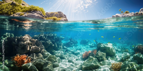 View to sky, sea coast, sea water surface, marine life under water. Panoramic view.