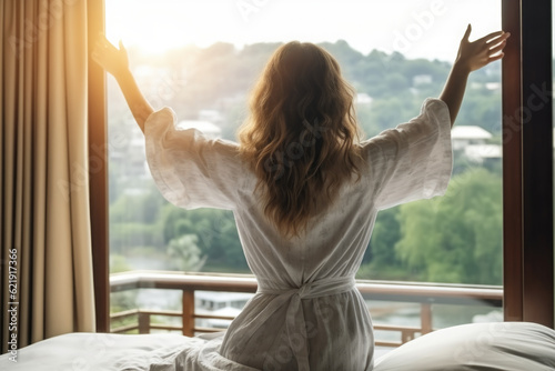 Back view of a female guest waking up in luxury hotel. Generative AI. Free Download Back view of a female guest waking up in luxury hotel. Generative AI. - GFXLoad