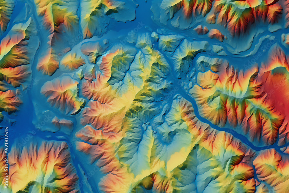 Digital elevation model. GIS product made with generative AI technology. It shows high rocky and steep mountain peaks. At their feet are visible valleys and mountain lakes