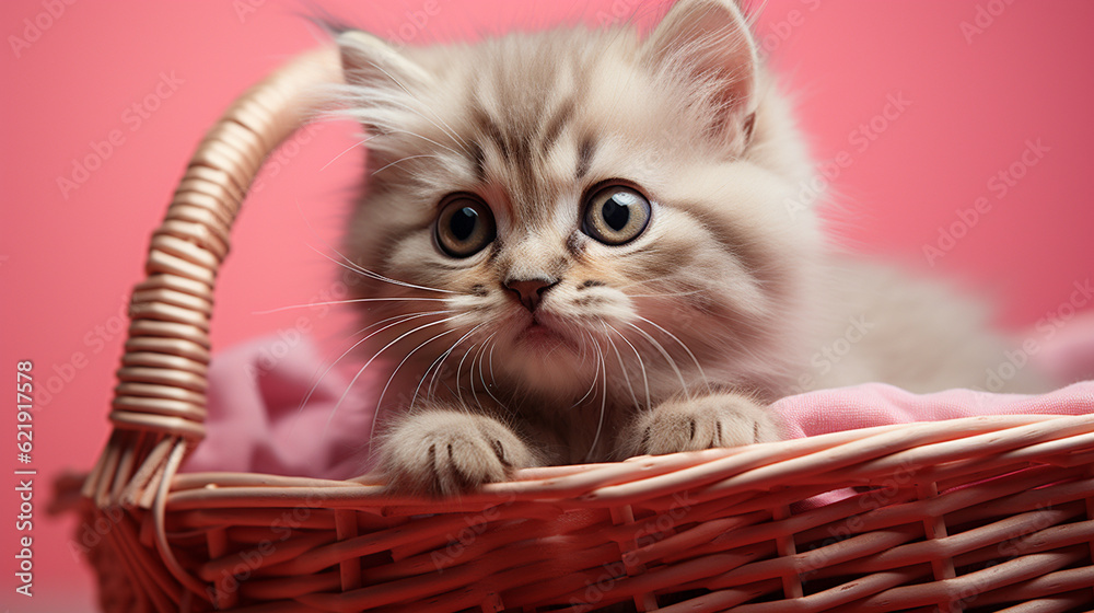 Cute kitten in shopping basket . Generative Ai