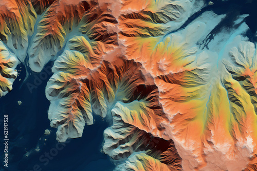 Digital elevation model. GIS product made with generative AI technology. It shows high rocky and steep mountain peaks. At their feet are visible valleys and mountain lakes © Ungrim
