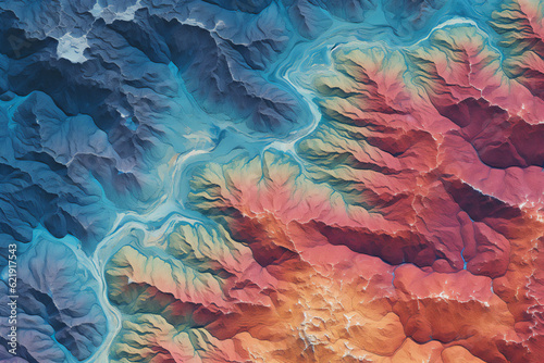 Digital elevation model. GIS product made with generative AI technology. It shows high rocky and steep mountain peaks. At their feet are visible valleys and mountain lakes