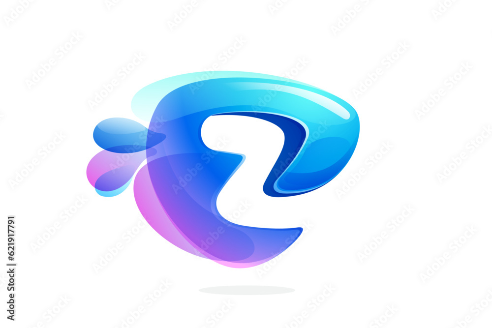 Z letter logo made of spring water and dew drops. Environment friendly initial. Pure eco emblem in overlapping watercolor style. 3D realistic icon in round triangle arrow shape. Vector play button.