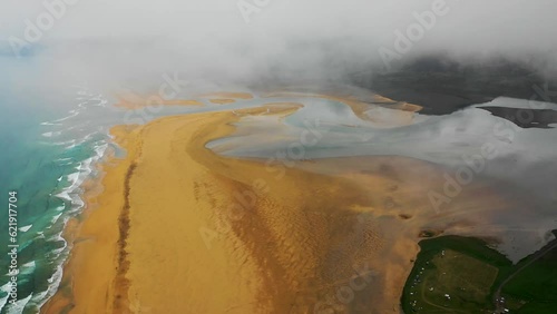 Aerial view of Radisandur coastline with sand, Westfjords, Iceland. photo