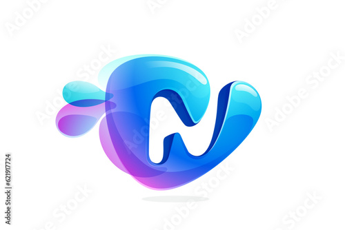 N letter logo made of spring water and dew drops. Environment friendly initial. Pure eco emblem in overlapping watercolor style. 3D realistic icon in round triangle arrow shape. Vector play button.