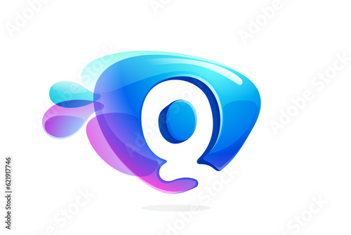 Q letter logo made of spring water and dew drops. Environment friendly initial. Pure eco emblem in overlapping watercolor style. 3D realistic icon in round triangle arrow shape. Vector play button.