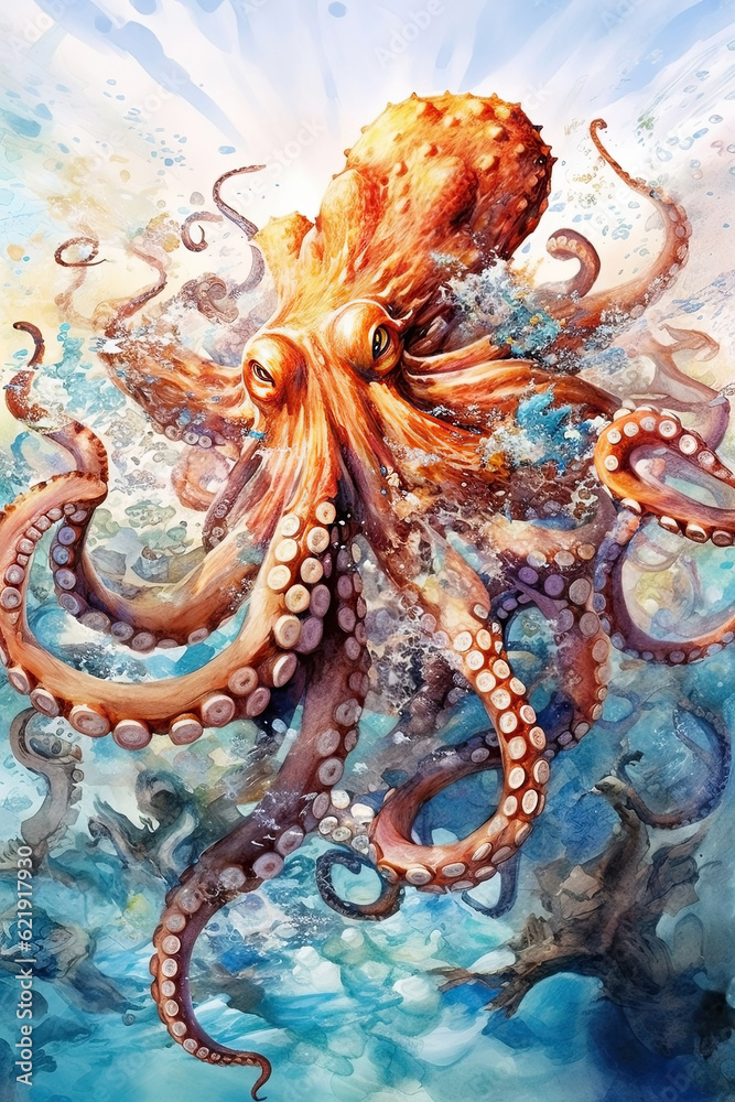 Fototapeta premium Large furious sea octopus in sea water with splashes and white foam. Watercolor painting.