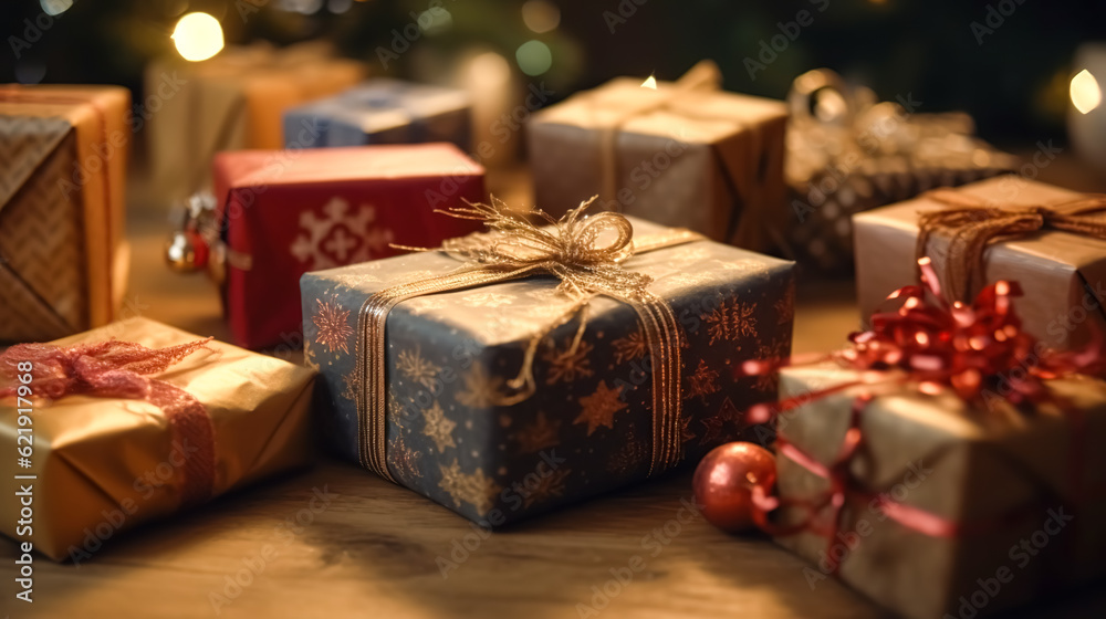 Christmas background from gift boxes, generative AI.