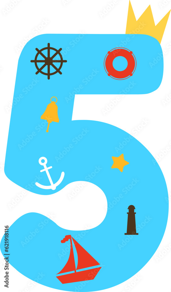 Number 5 blue with crown sea elements.