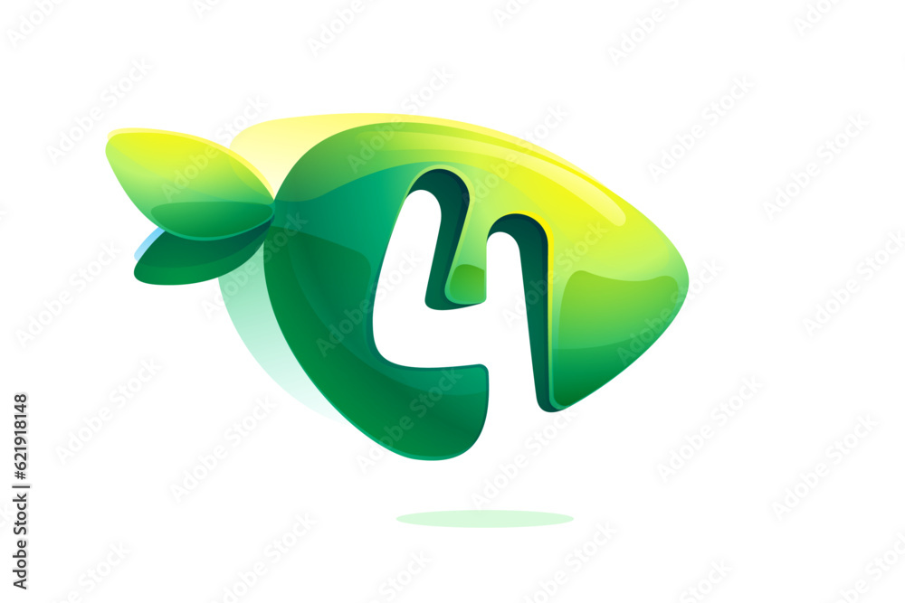 4 logo. Environment friendly number four. 3D realistic icon cut out of triangle arrow shape. Watercolor forest eco logo with green leaves. Vector for play button, healthy food, agriculture adv. 4 logo. Environment friendly number four. 3D realistic icon cut out of triangle arrow shape. Watercolor forest eco logo with green leaves. Vector for play button, healthy food, agriculture adv.