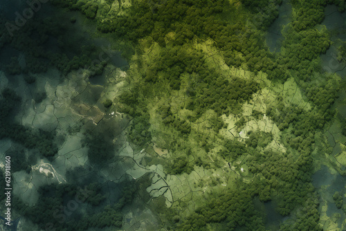 Digital elevation model of a riverway. A meandering and curving river with bends. GIS 3D product made with generative AI technology