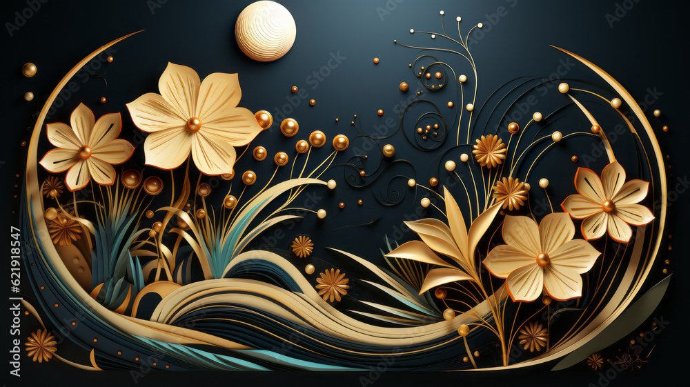 A gold and black art deco pattern, in the style of organic and naturalistic compositions. Generative AI