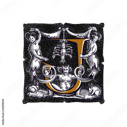 Witchcraft letter J logo. Gothic medieval initial. Devil, cancer and ghosts in hell. Engraving drop cap with dots pattern. Alchemy font for Halloween invitations, pagan music, black magic labels.