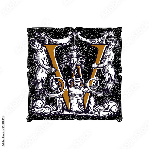 Witchcraft letter W logo. Gothic medieval initial. Devil, cancer and ghosts in hell. Engraving drop cap with dots pattern. Alchemy font for Halloween invitations, pagan music, black magic labels.