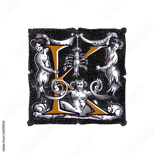 Witchcraft letter K logo. Gothic medieval initial. Devil, cancer and ghosts in hell. Engraving drop cap with dots pattern. Alchemy font for Halloween invitations, pagan music, black magic labels.