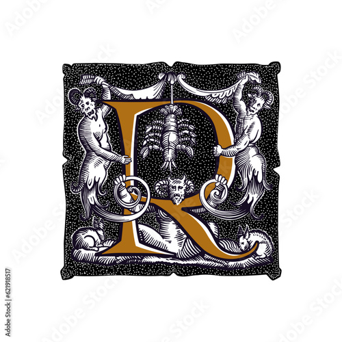 Witchcraft letter R logo. Gothic medieval initial. Devil, cancer and ghosts in hell. Engraving drop cap with dots pattern. Alchemy font for Halloween invitations, pagan music, black magic labels.